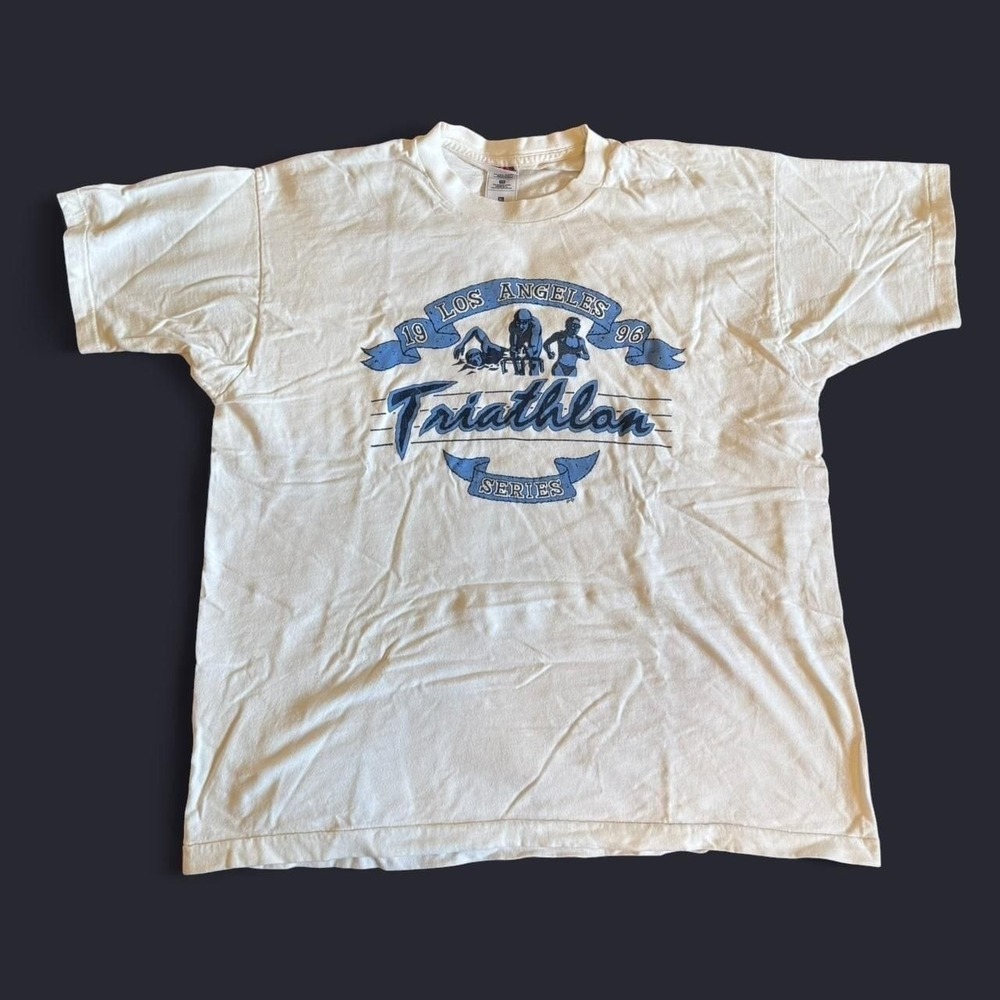 Vintage 1996 Los Angeles Triathlon Series T-Shirt - 90s White/Blue Graphic Tee